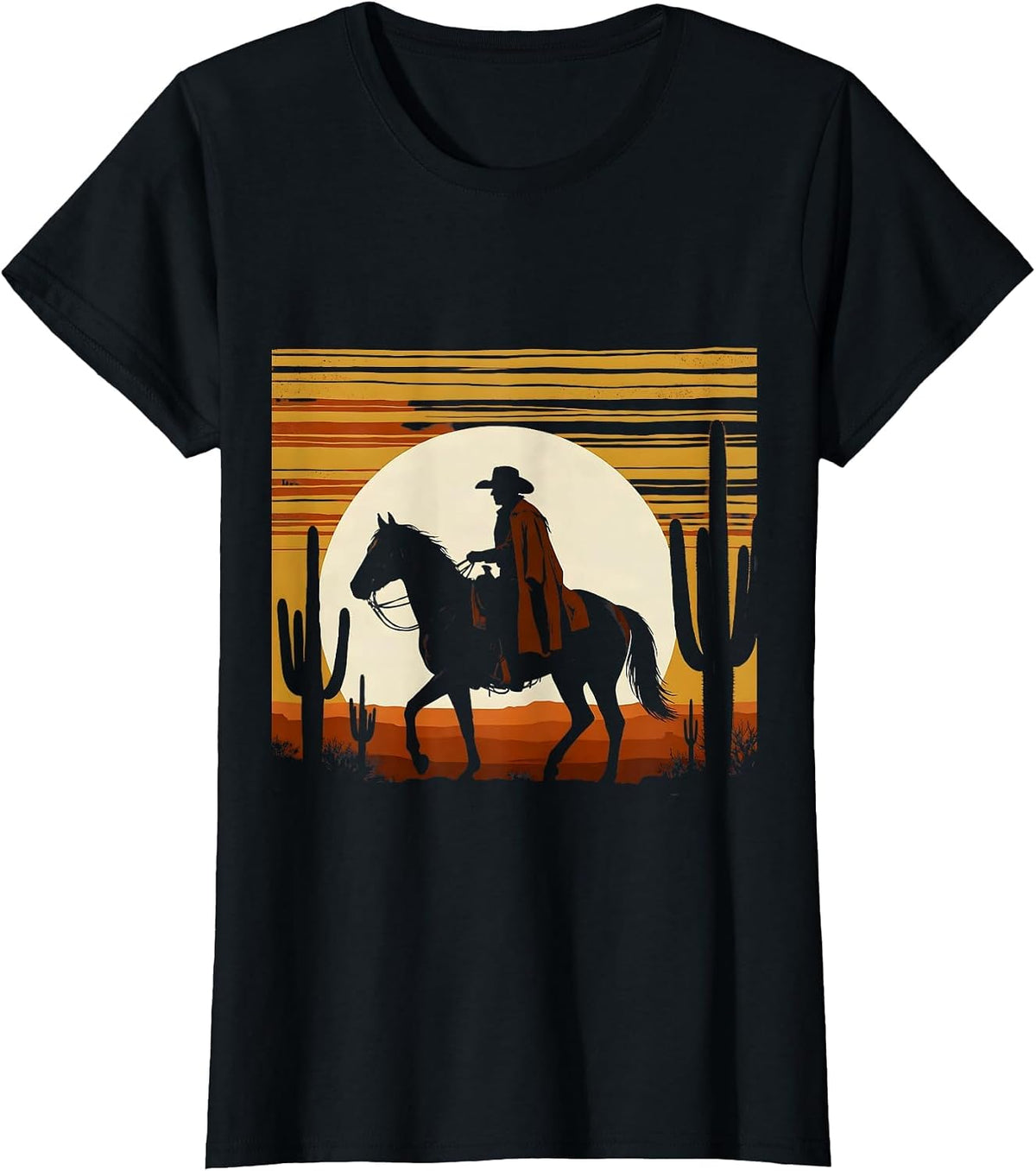 Cowboy Silhouette Riding Into Desert Sunset T-Shirt - Black