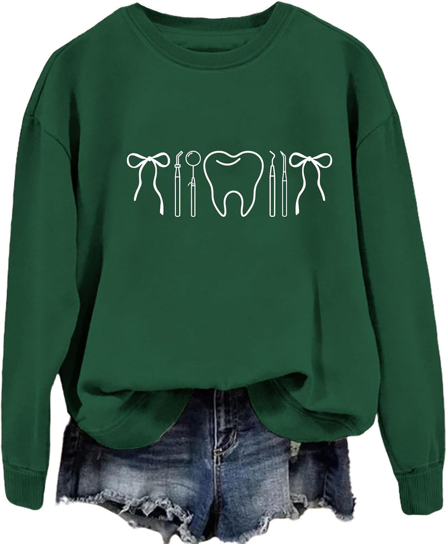 Dental Hygienist Sweatshirt, Dentist Assistant Graduation Shirt, Women Teeth Tools Bow Pattern Shirt Crewneck Tops - Dark