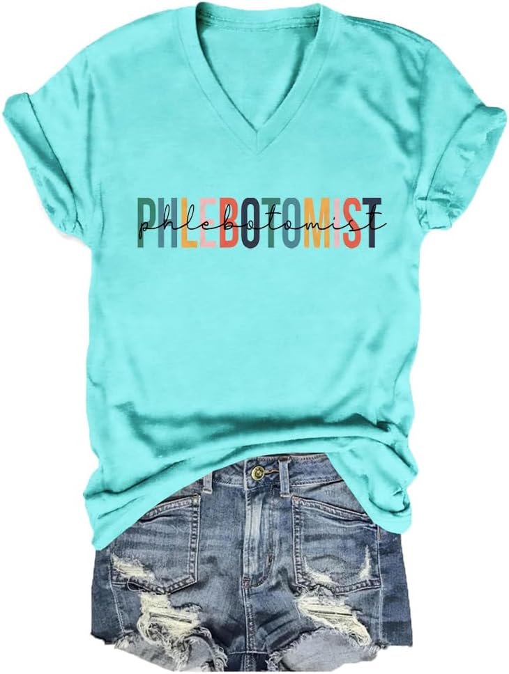 Phlebotomist Shirts for Women Funny Leopard Boho Graphic Tees V-Neck Phlebotomy Tech T Shirt Phleb Nurse Shirt - Sky Blue