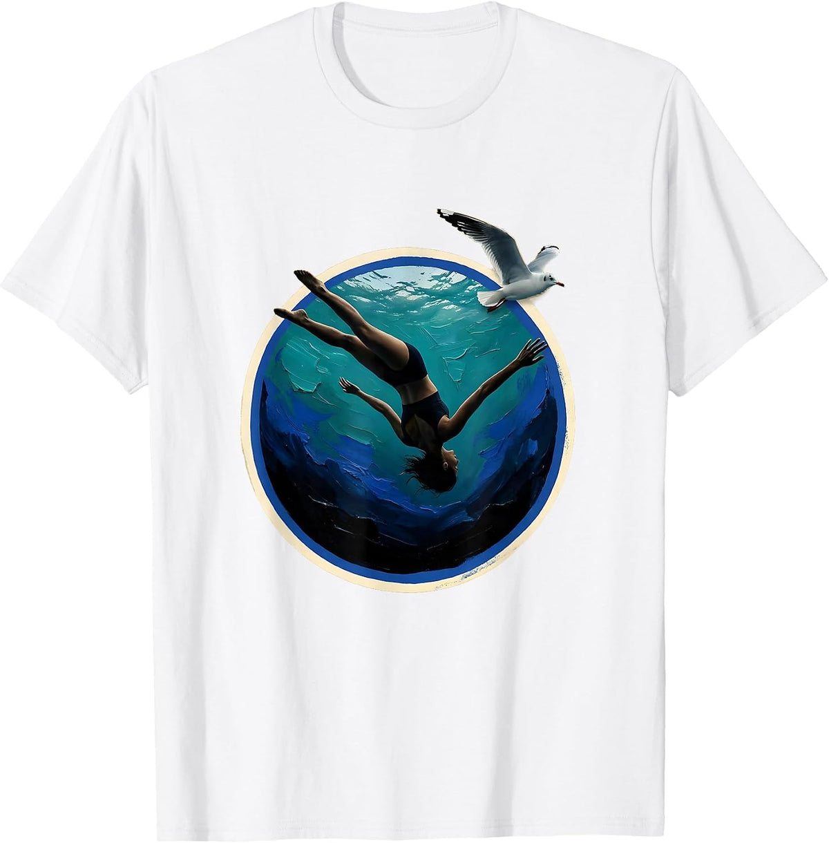 Men's Woman Diving Into Ocean Depths Freedom Graphic T-Shirt - White