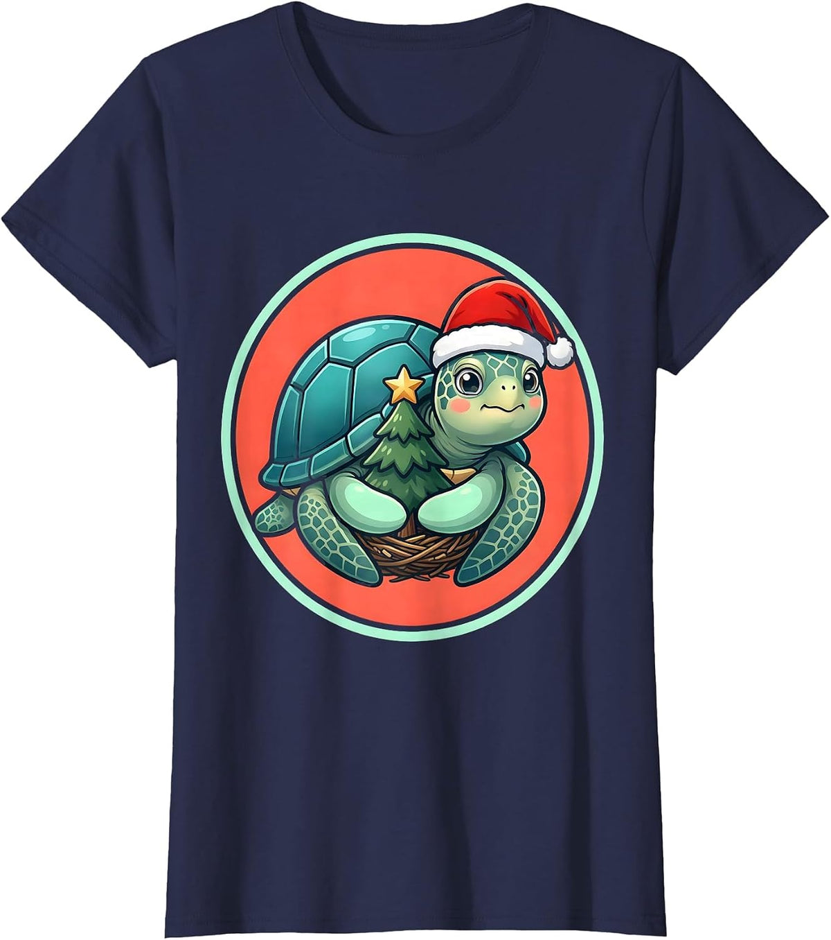 Women's Sea Turtle Santa Hat Cute Kawaii Christmas Novelty T-Shirt - Navy Blue