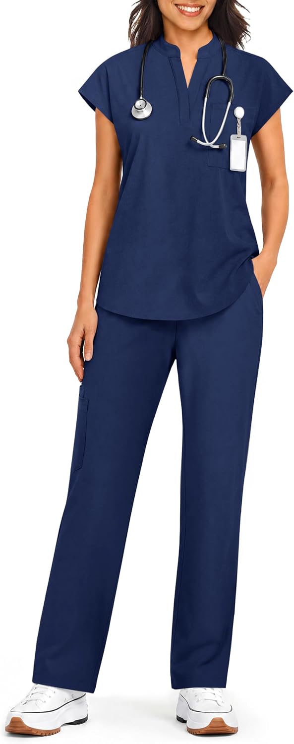 Women's Scrub Set V-Neck Top & Straight-Leg Pants with 7 Pockets - Navy
