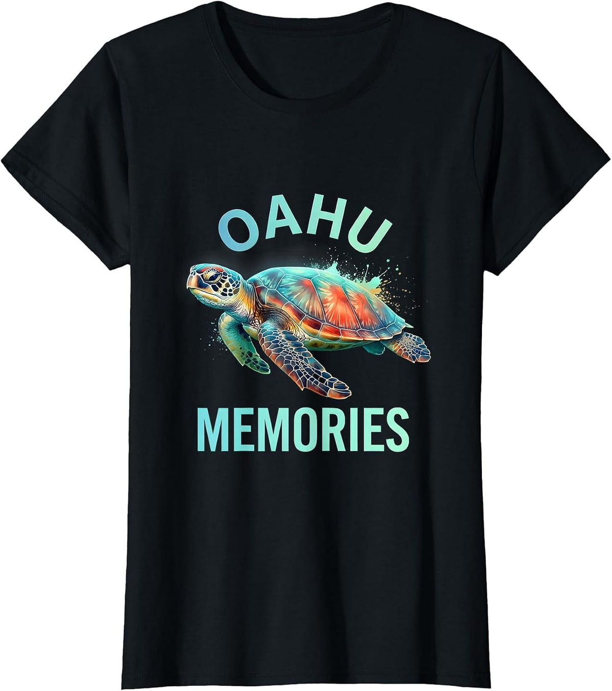 Oahu Memories Watercolor Sea Turtle Design T-Shirt - Black