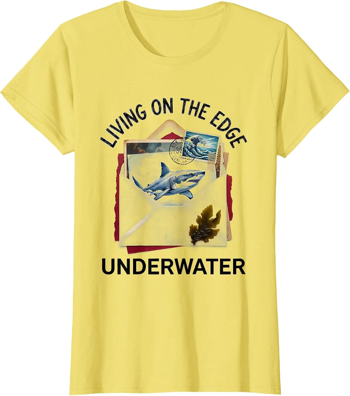 Living On The Edge Underwater Shark Design T-Shirt - Lemon Yellow