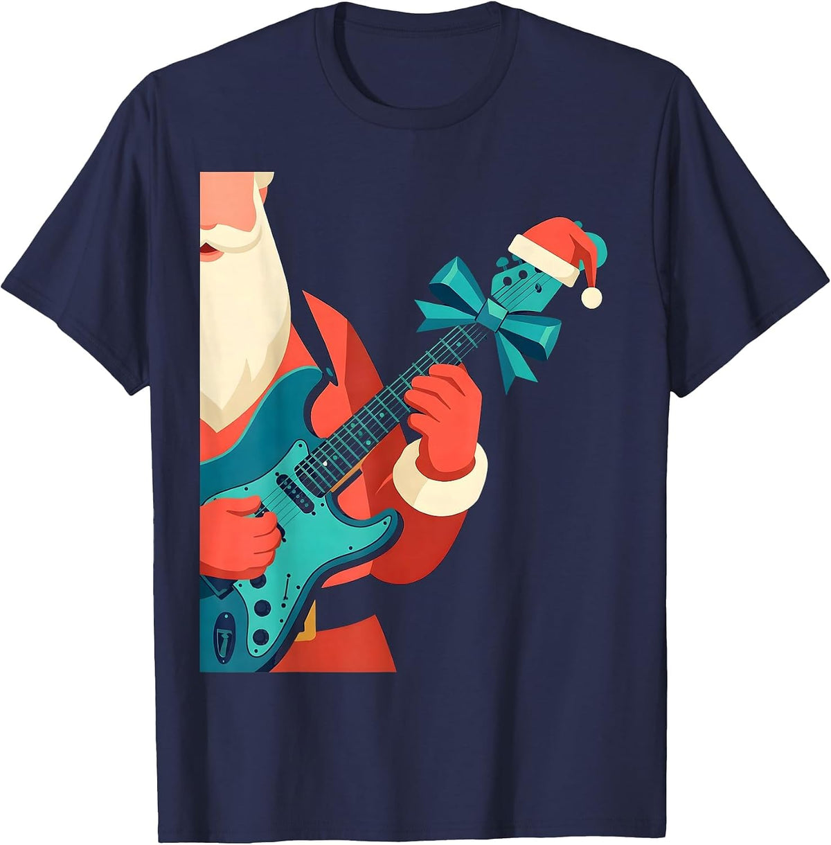 Men's Cropped Santa Rock Guitar Flat Vector Musician Gift T-Shirt - Navy Blue