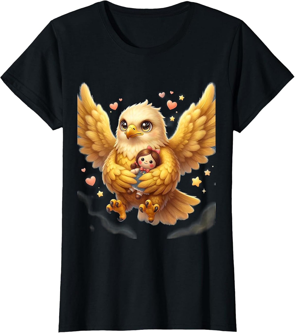 Women's Eagle Protecting the Dolls Graphic Design T-Shirt - Black