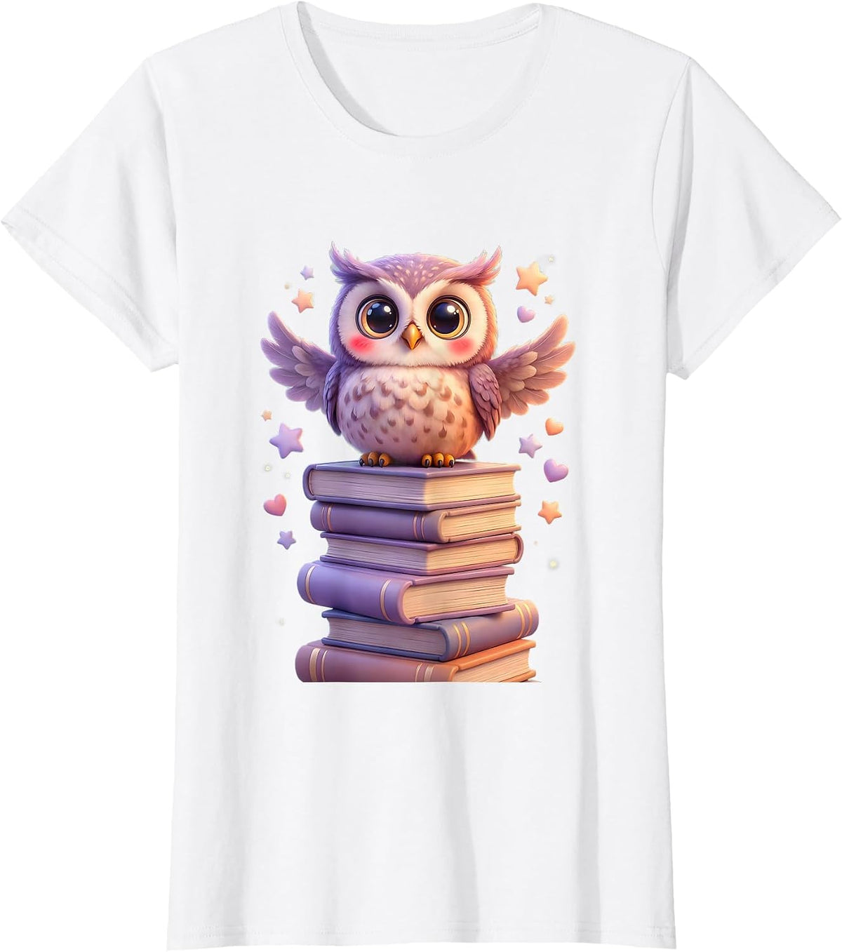 Women's Wise Owl Perched on Stack of Books Illustration T-Shirt - White
