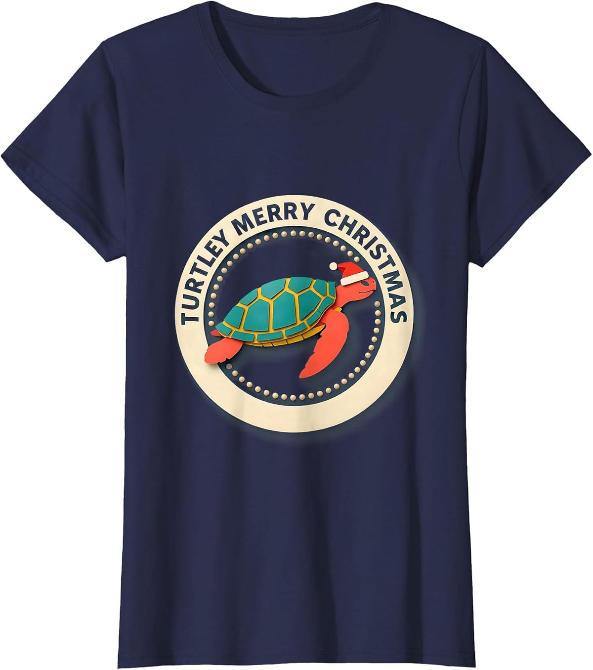 Women's Turtley Merry Christmas Whimsical Sea Turtle Santa Hat T-Shirt - Navy Blue