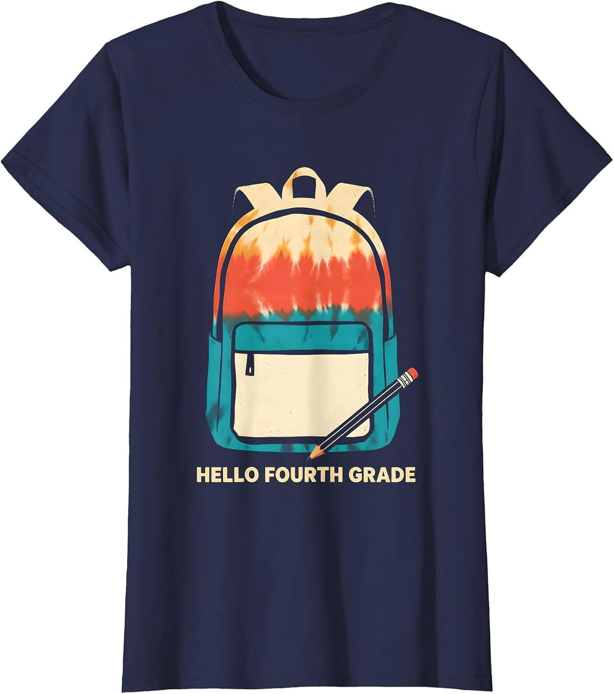 Women's Hello Fourth Grade Tie Dye Back To School Screenprint T-Shirt - Navy Blue