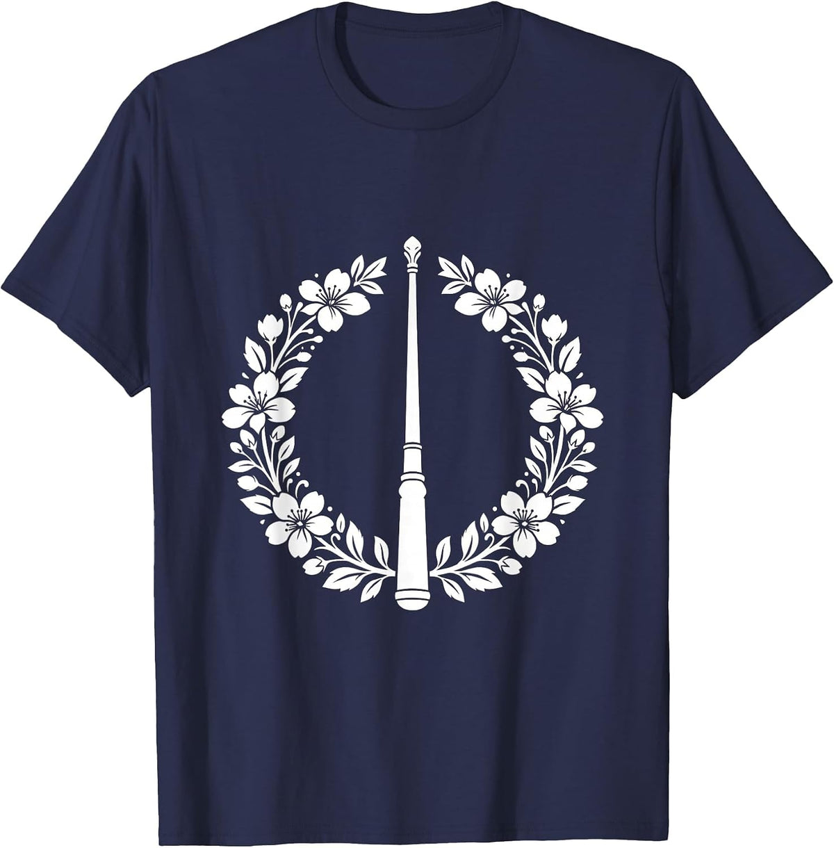 Band Mom Drum Major Baton Floral Wreath Design T-Shirt - Navy Blue