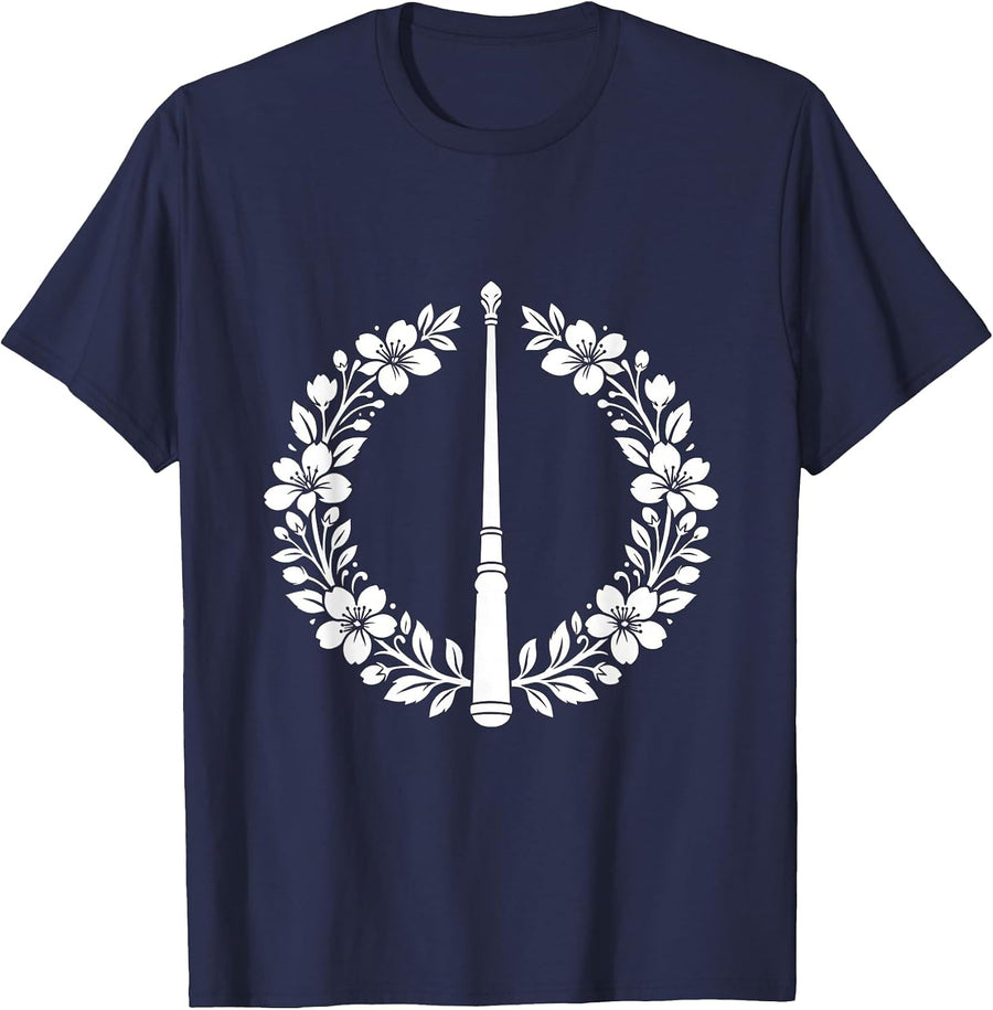 Band Mom Drum Major Baton Floral Wreath Design T-Shirt - Navy Blue