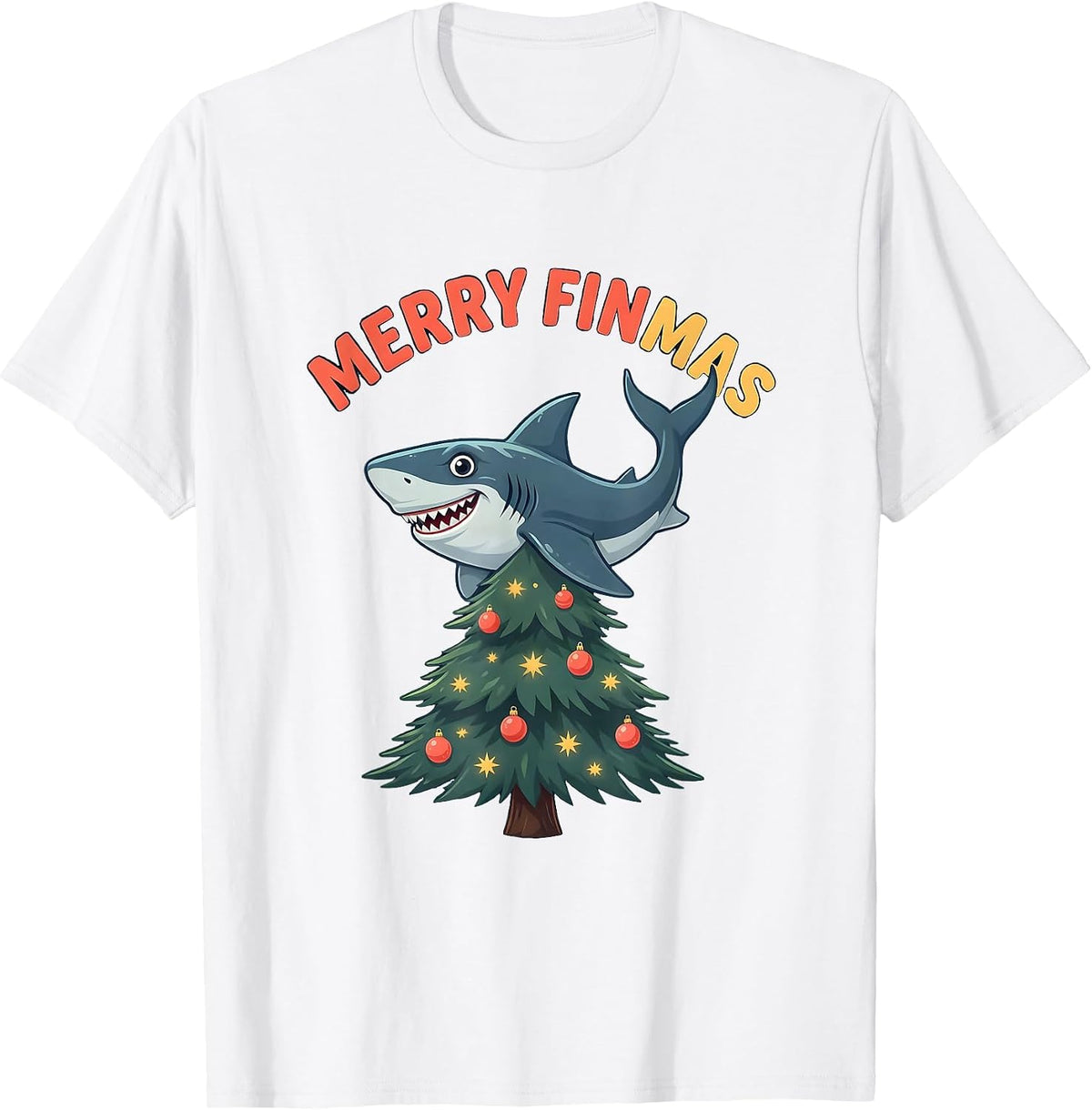 Men's Merry Finmas Funny Shark Christmas Pun Humor T-Shirt - White