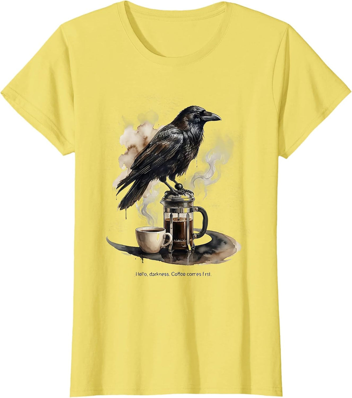 Women's Hello, darkness. Coffee comes first Gothic Raven Coffee Dark T-Shirt - Lemon Yellow