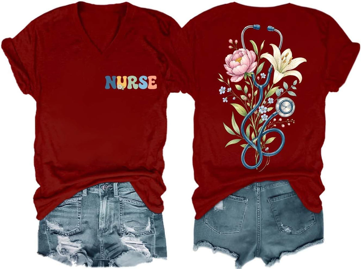 Nurse Shirts Women Nurse T-Shirt Funny Boho Floral Stethoscope Graphic Tees - V-Neck Wine-1