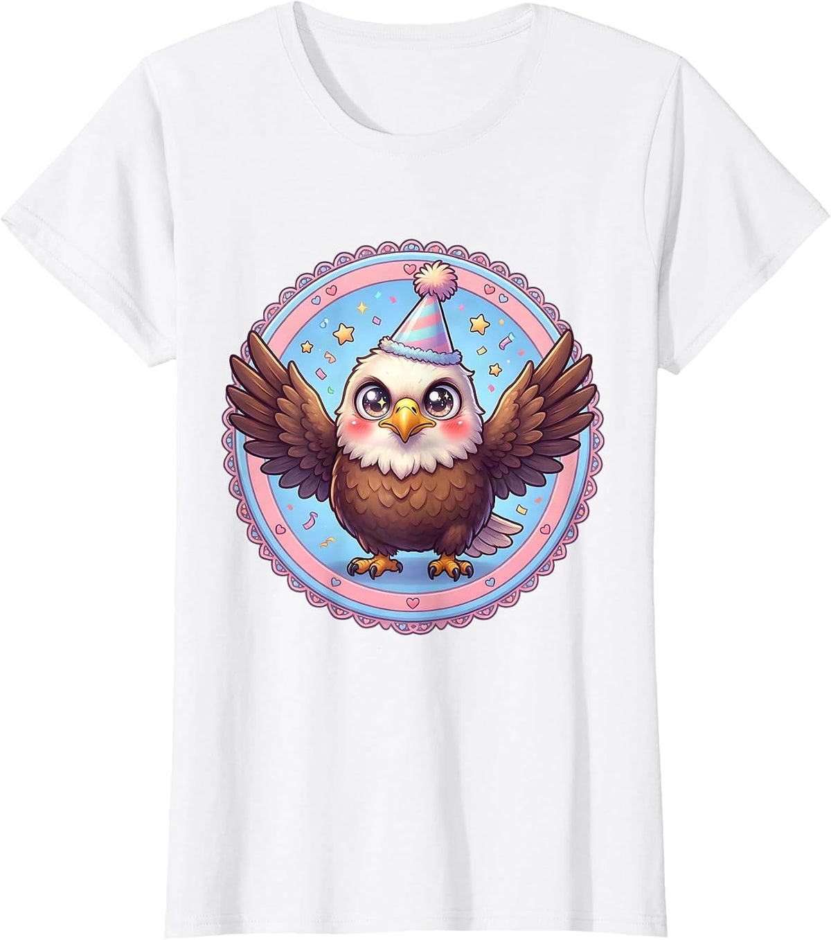 Birthday Eagle Party Hat Mid-Flight Illustration T-Shirt - White