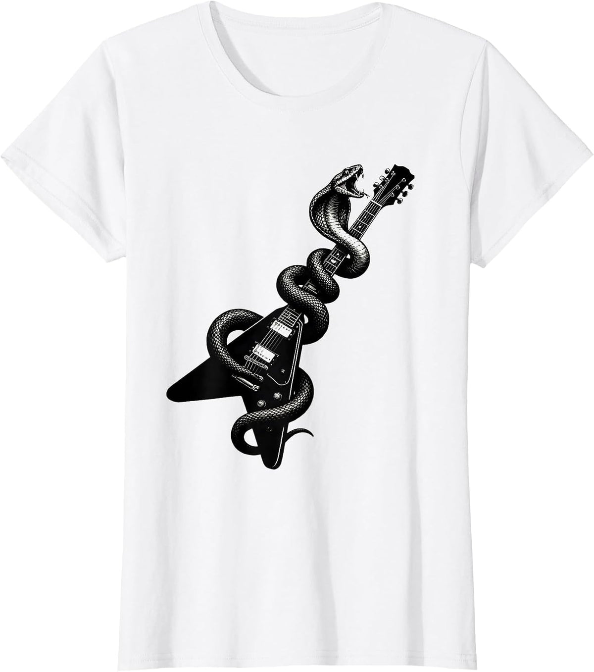 Snake Coiled Around Flying-V Guitar Rock Design T-Shirt - White