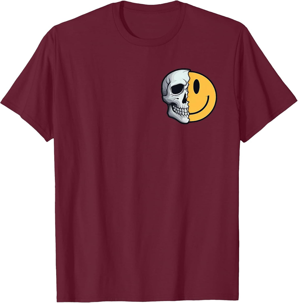 Half Skull Smile Face Rave Skeleton 70s 80s 90s Tattoo T-Shirt - Burgundy