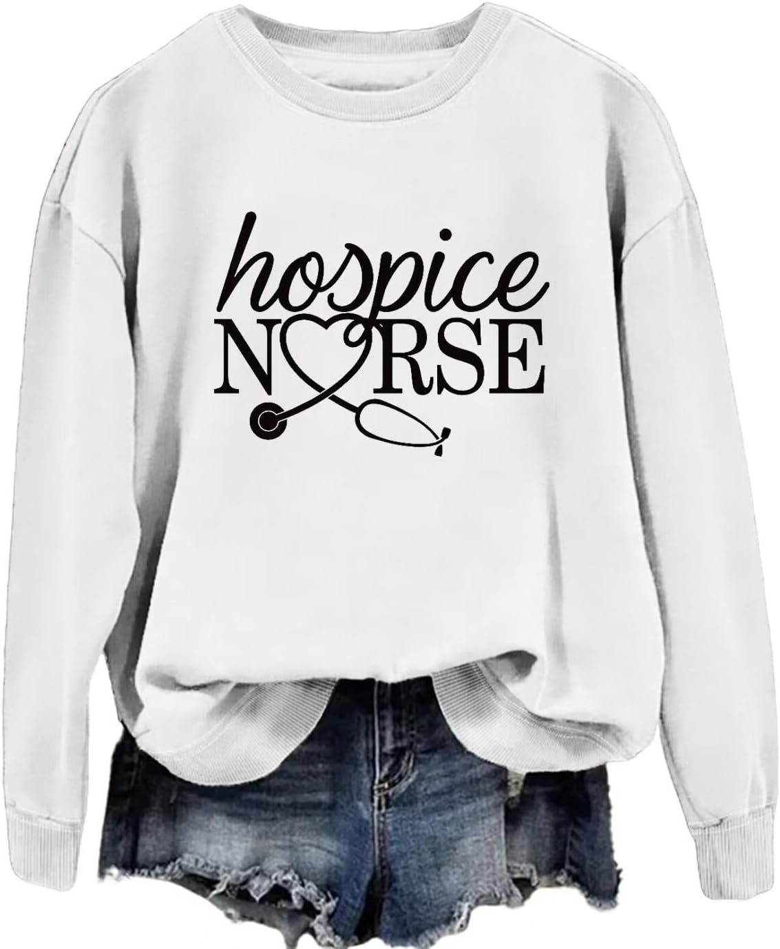 Hospice Nurse Sweatshirts for Women Crewneck Funny Graphic Sweatshirt Long Sleeve Nursing Student Casual Pullover - White