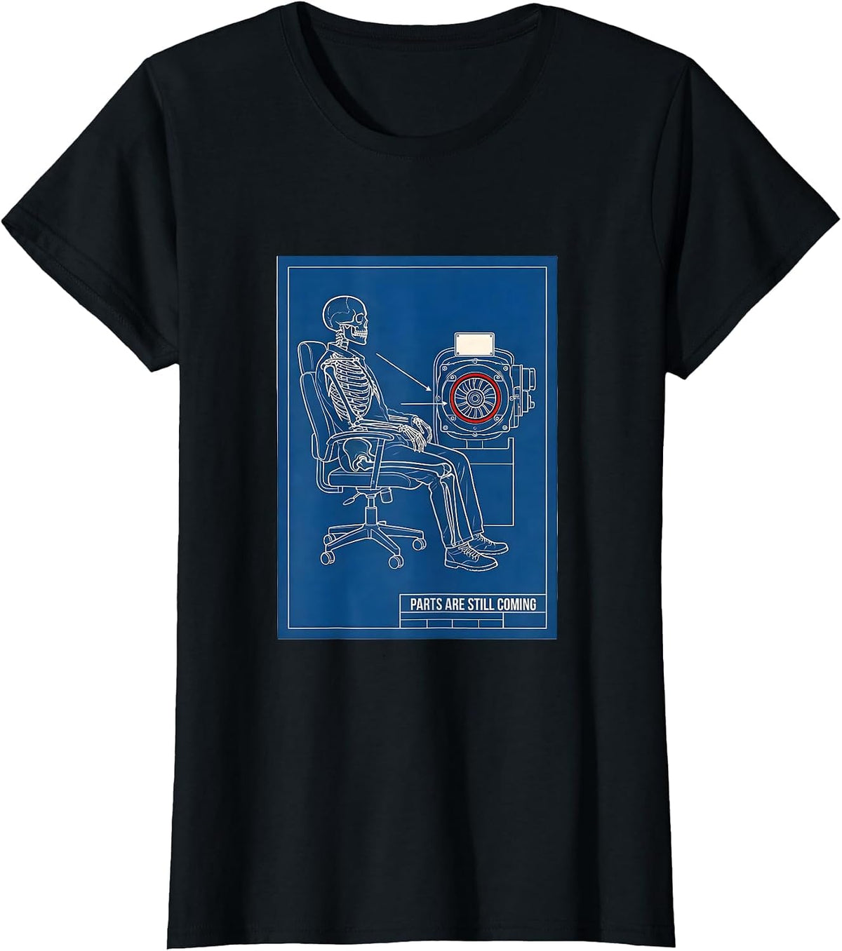 Women's PARTS ARE STILL COMING Technical Blueprint Mechanic Skeleton T-Shirt - Black