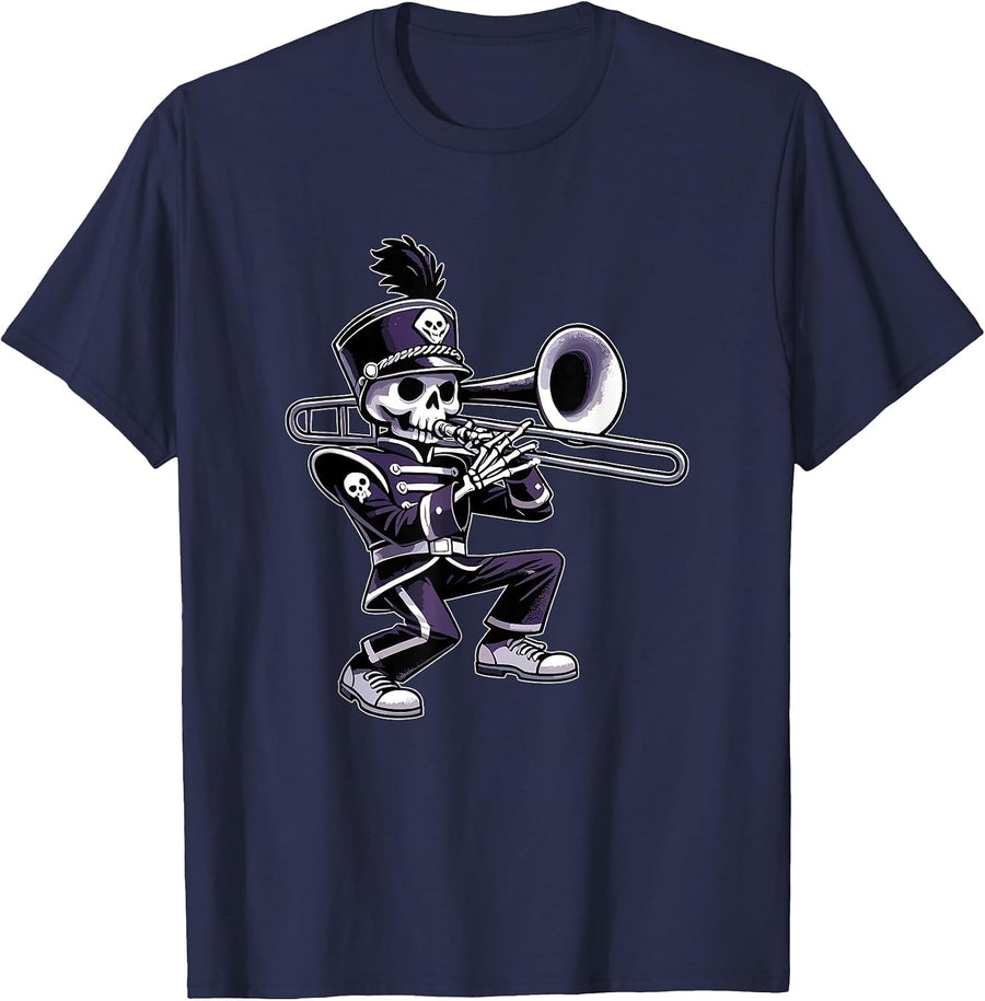 Halloween Skeleton School Marching Band Trombone Player T-Shirt - Navy Blue