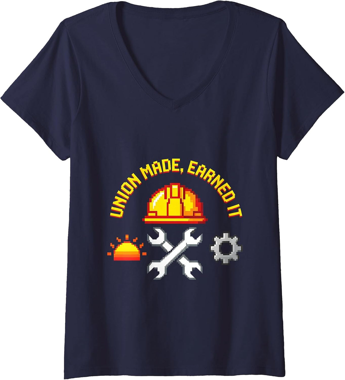 Women's Union Made, Earned It Retro Badge Design V-Neck T-Shirt - Navy Blue
