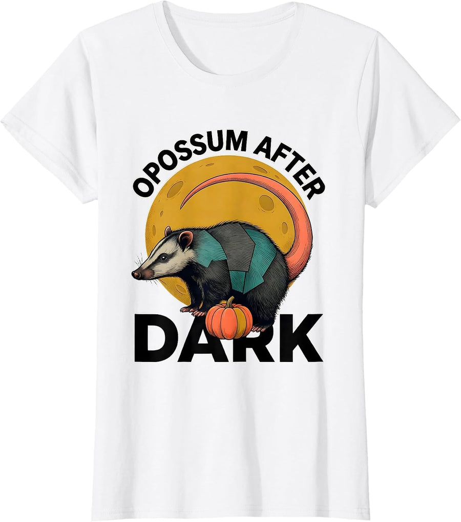 Women's Opossum After Dark Midcentury Modern Halloween Spooky Moon T-Shirt - White