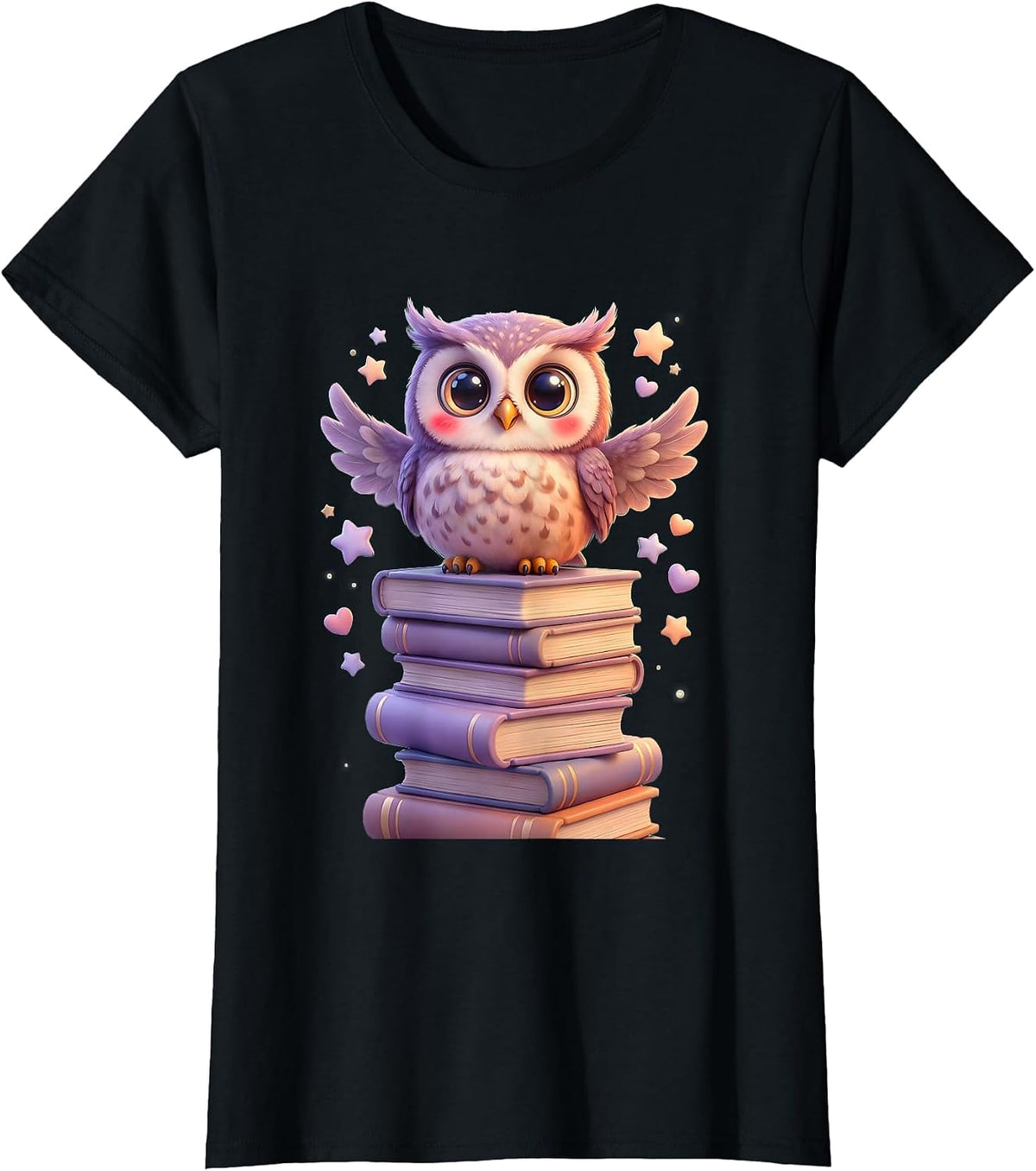 Women's Wise Owl Perched on Stack of Books Illustration T-Shirt - Black