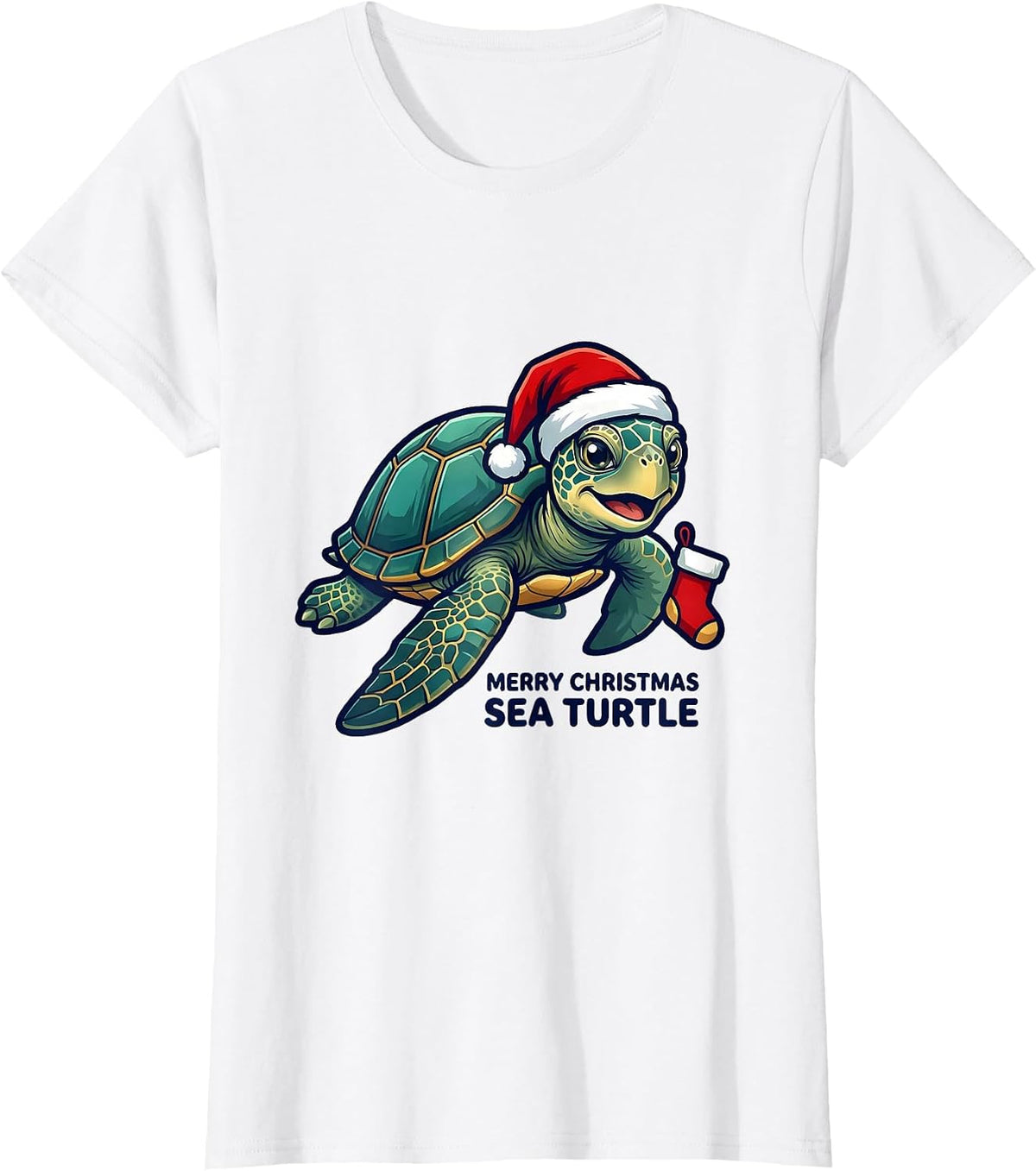 Merry Christmas Sea Turtle Santa Hat Whimsical Novelty Gift T-Shirt - White