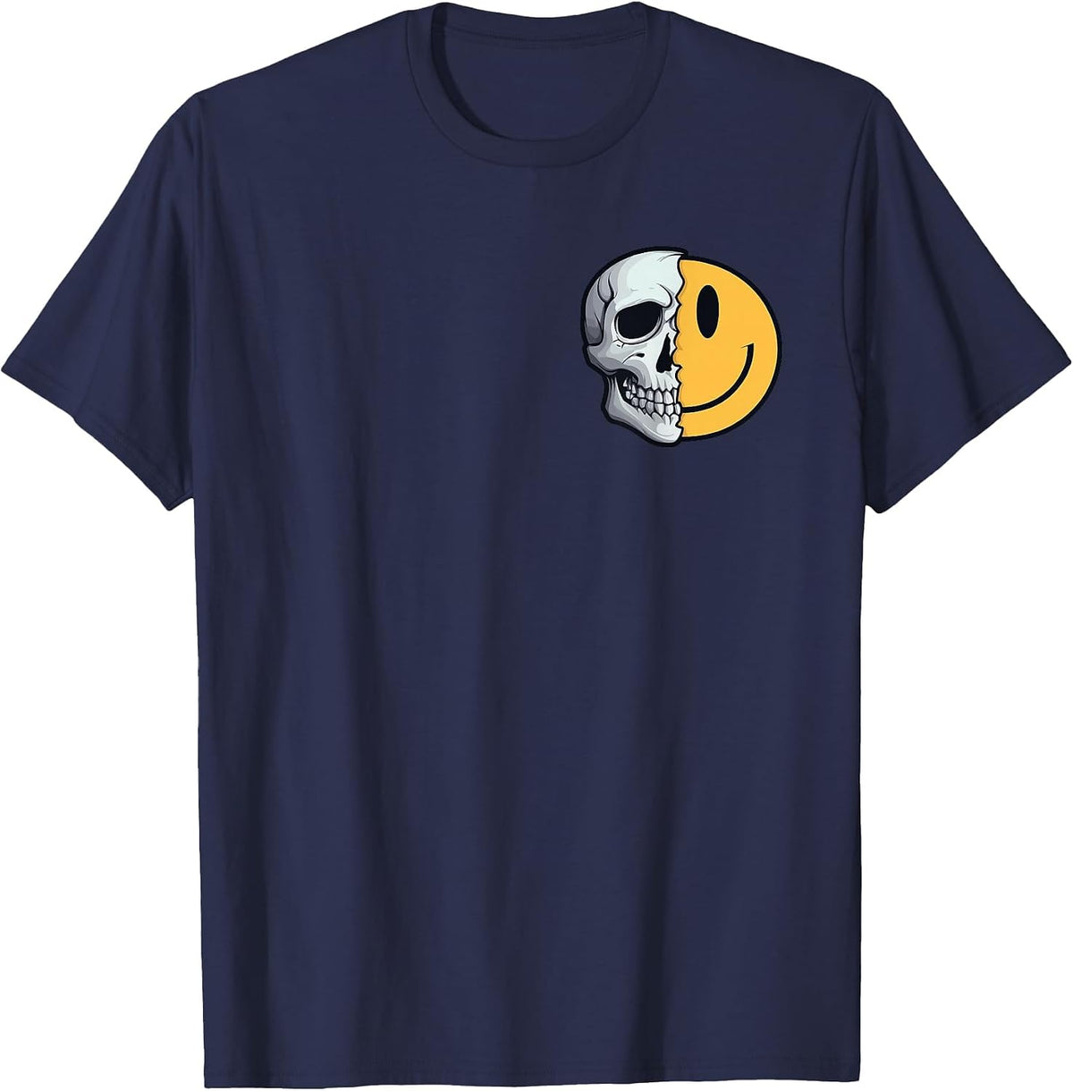 Half Skull Smile Face Rave Skeleton 70s 80s 90s Tattoo T-Shirt - Navy Blue