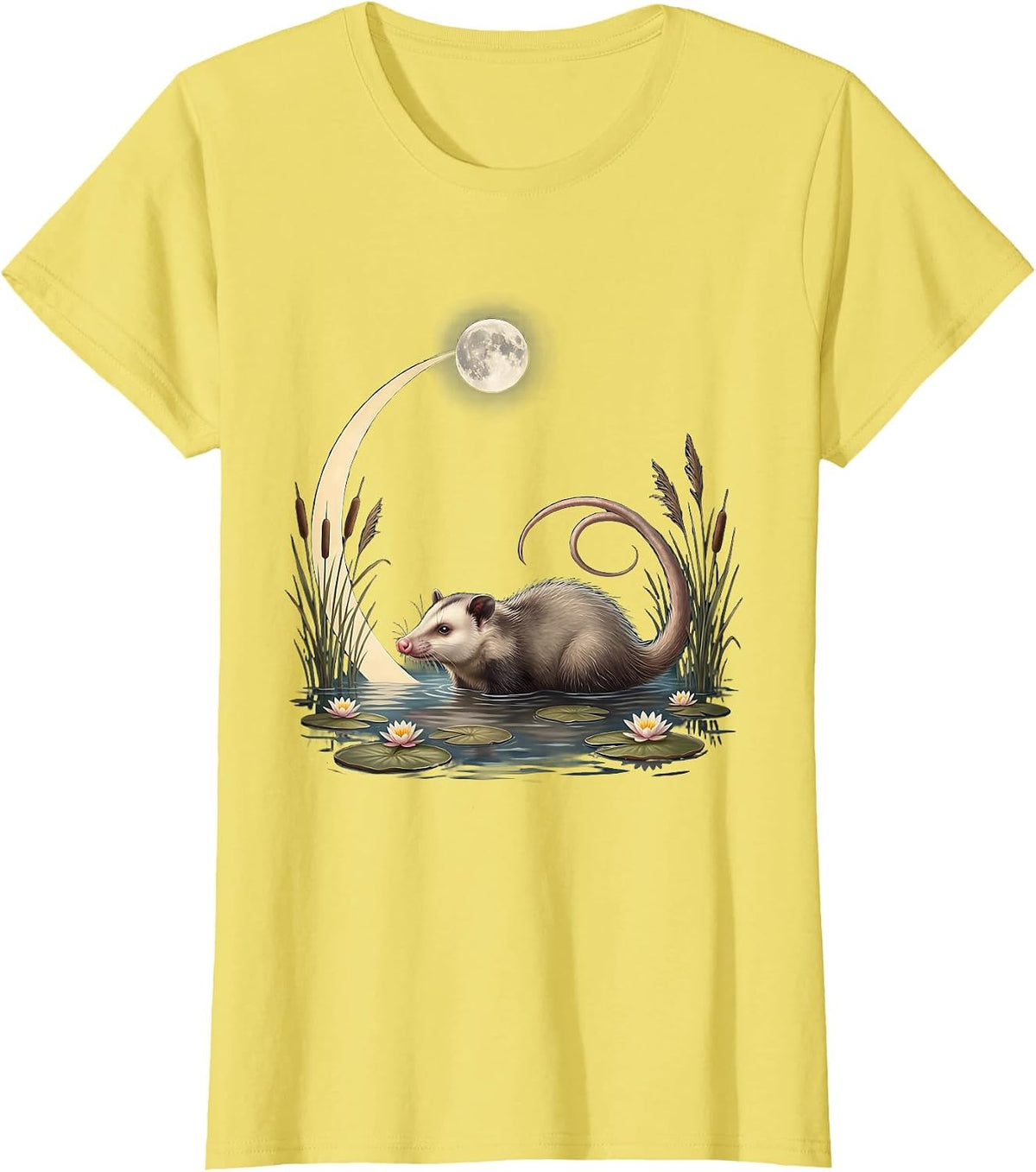 Opossum Swimming in Moonlit Pond Graphic T-Shirt - Lemon Yellow