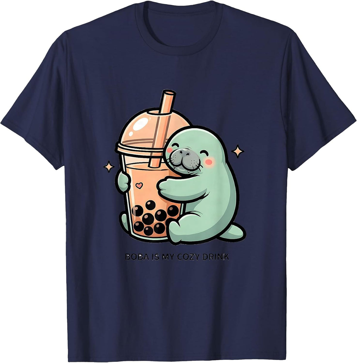 Boba Is My Cozy Drink Cute Kawaii Manatee Bubble Tea Lover T-Shirt - Navy Blue