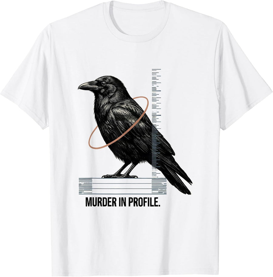 Men's Murder In Profile Gothic Crow Raven Humor Literary Pun T-Shirt - White