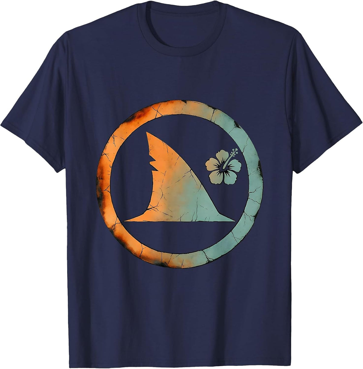 Men's Shark Fin Glassy Ocean Wave Surf Design T-Shirt - Navy Blue