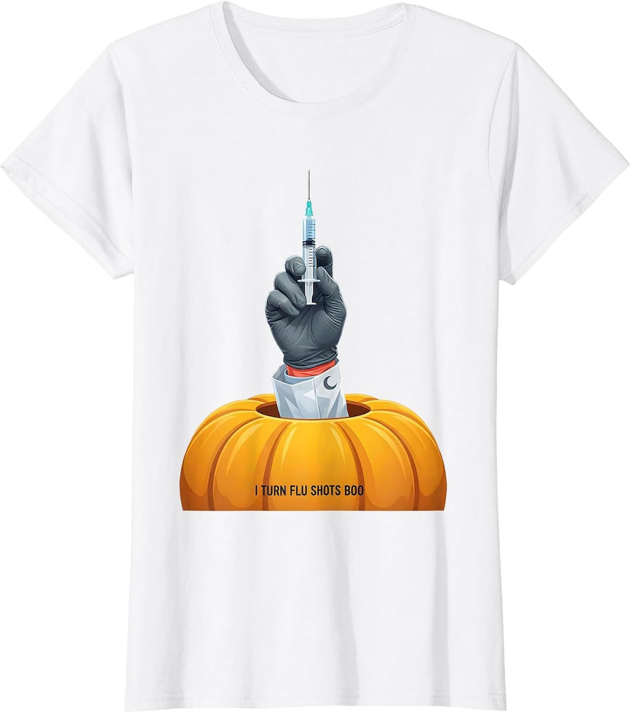 Women's I Turn Flu Shots Boo Funny Nurse Ghost Halloween Vaccine T-Shirt - White