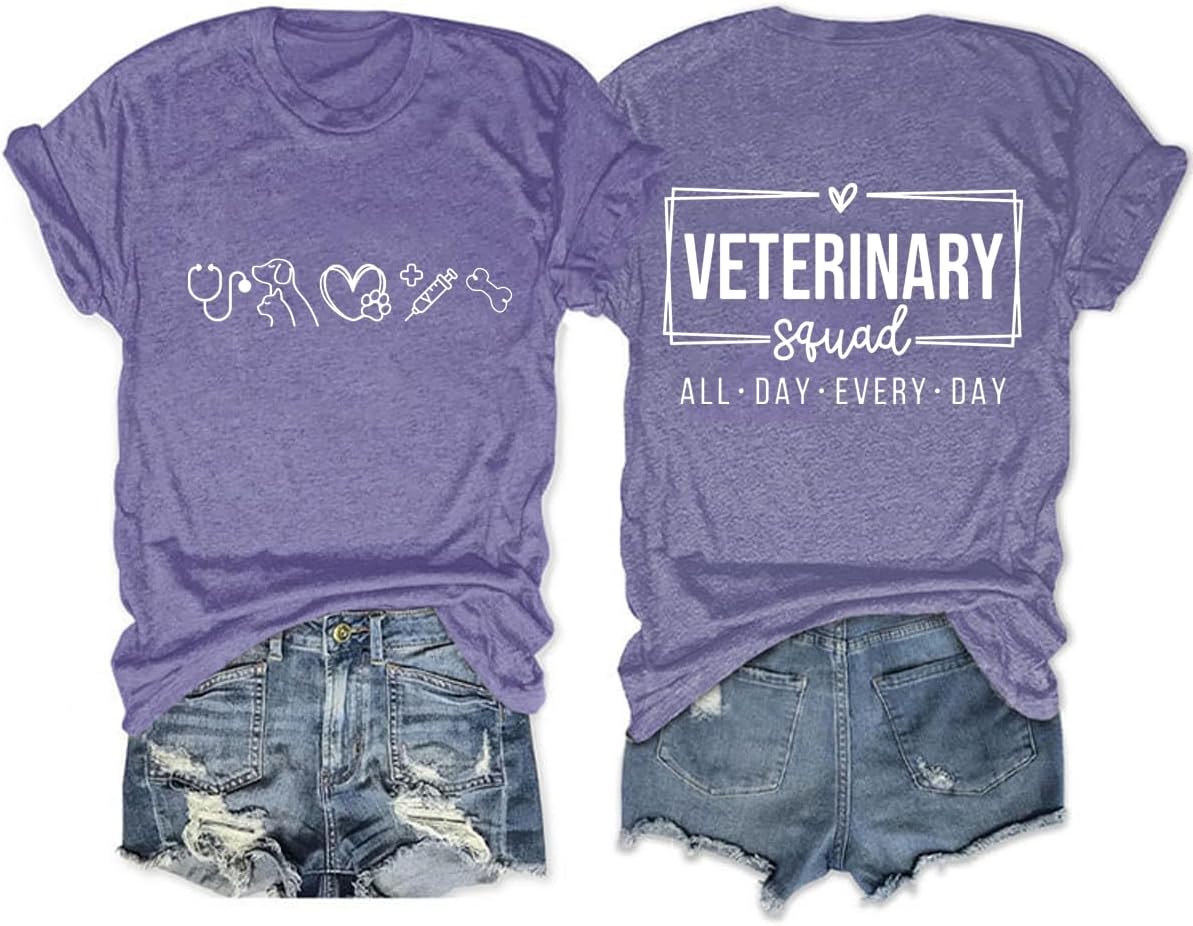 Veterinary Crew Shirts, Veterinarian, Vet Technician, Womens Cute Animal Graphic Front & Back Print Crewneck Tops - Purple