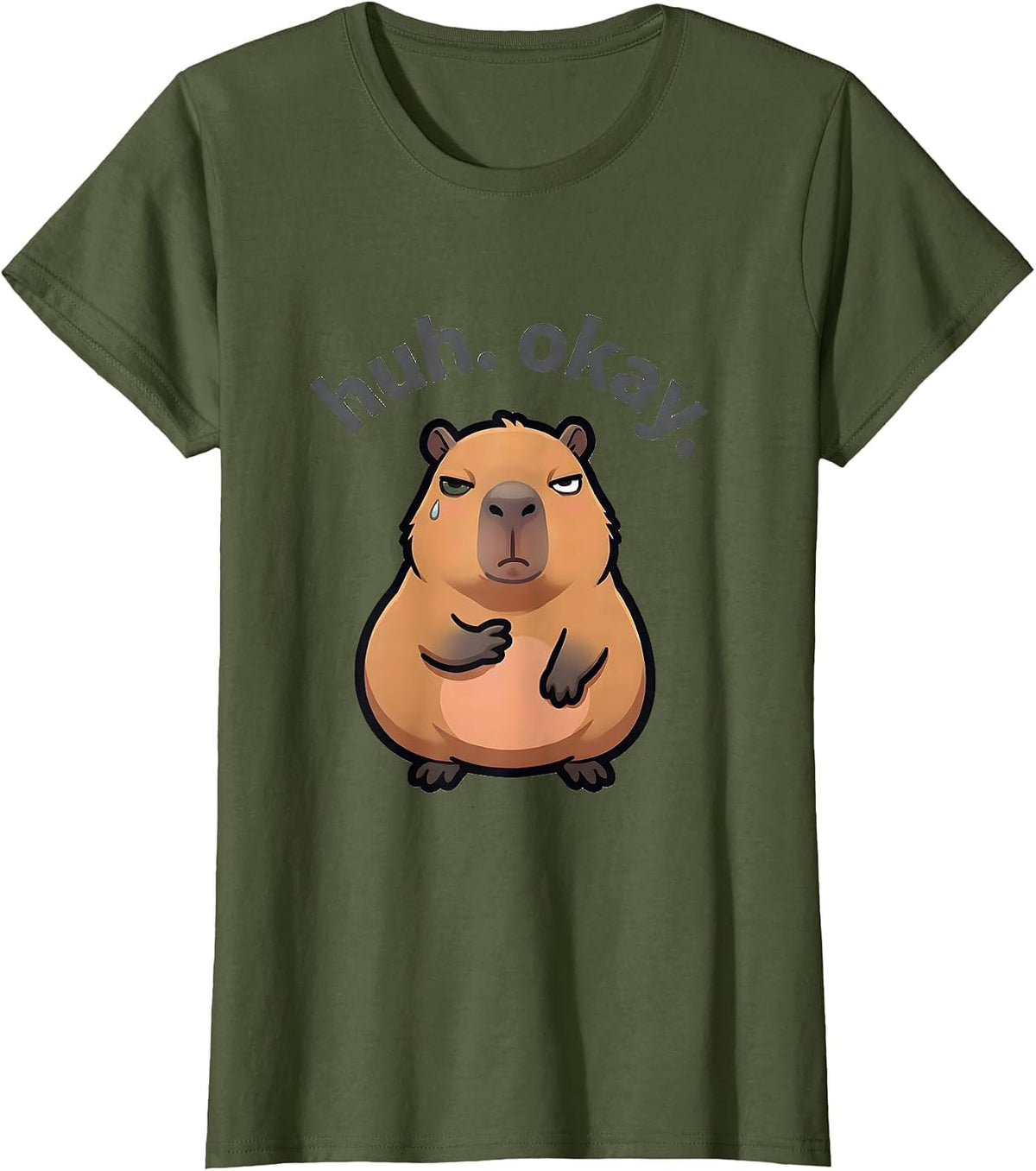 Women's huh. okay. Kawaii Capybara Cartoon Anime Meme Humor T-Shirt - Olive Green