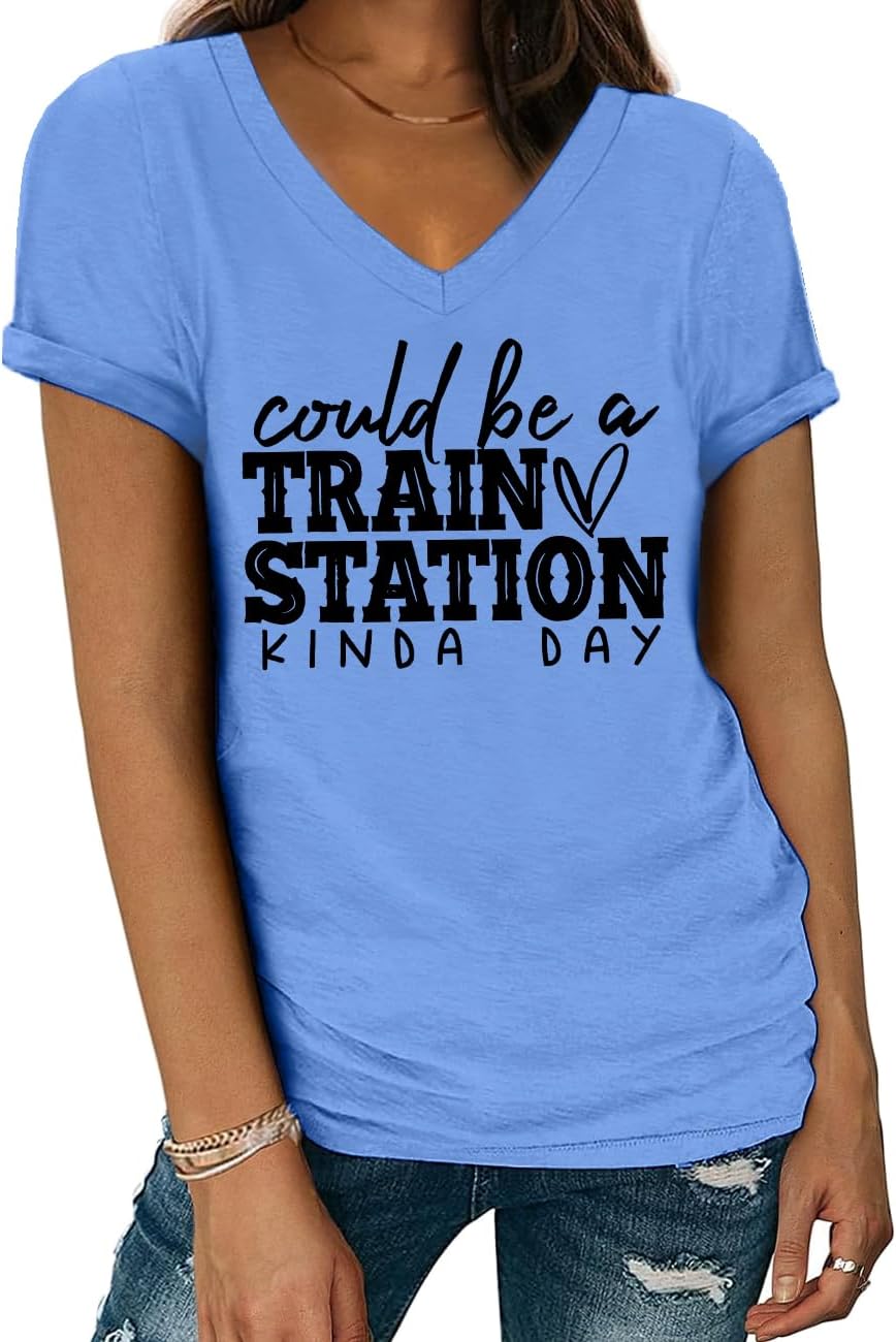 Could Be A Train Station Kind of Day Shirt V Neck Train Station Tshirts for Women Men - Sky Blue