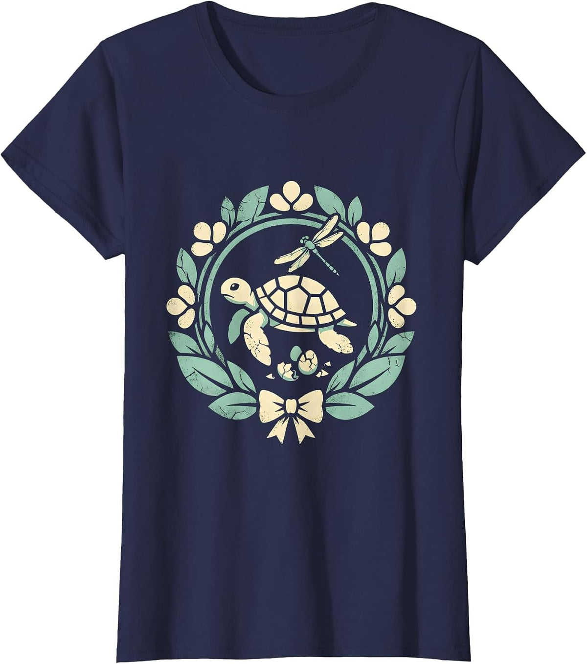 Women's Baby Sea Turtle Hatching Moonlit Beach Hawaiian T-Shirt - Navy Blue