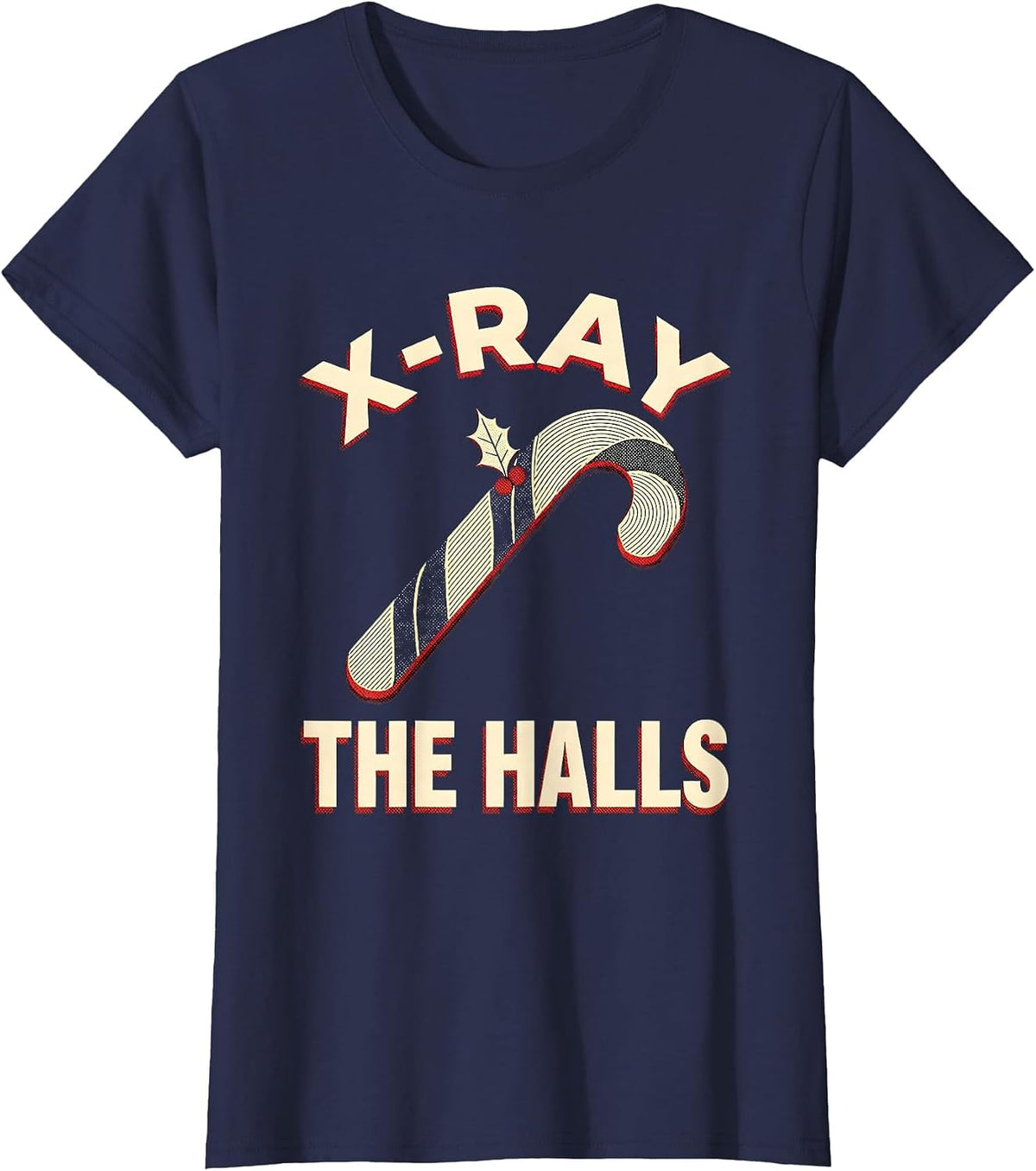Women's X-Ray The Halls Risograph Radiology Tech Christmas Skeleton T-Shirt - Navy Blue