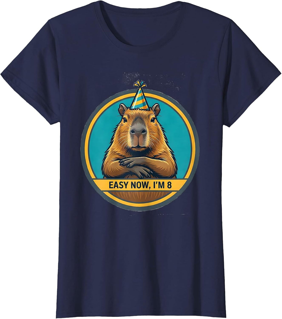 Women's Easy Now, I'm 8 Funny Capybara Kids Birthday Party Humor T-Shirt - Navy Blue