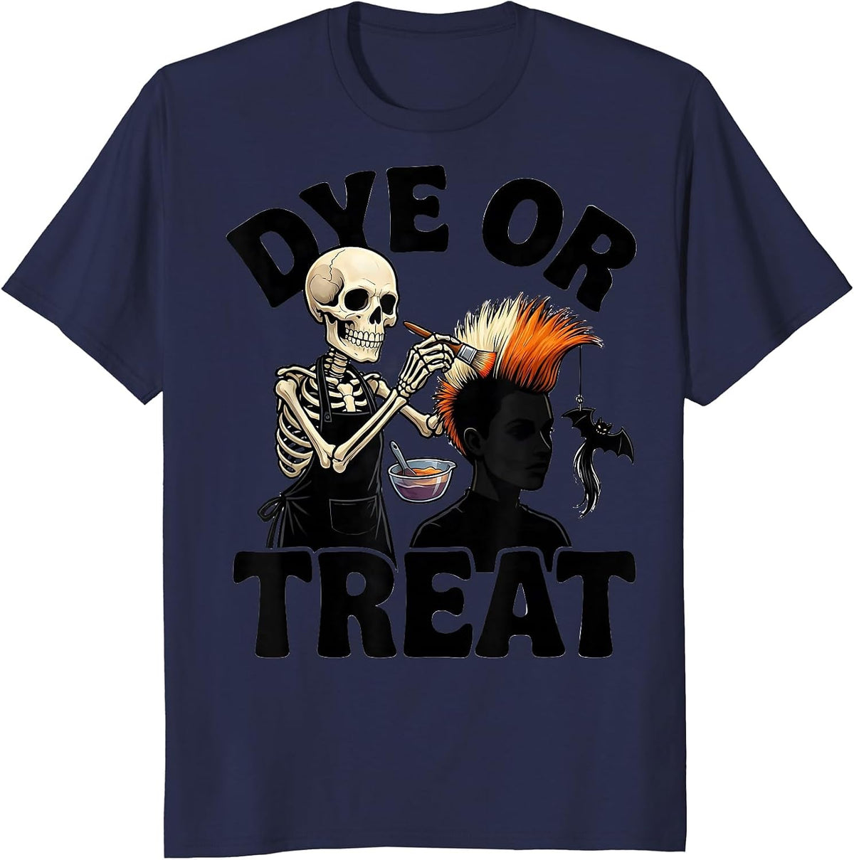 Dye Or Treat Cartoon Skeleton Hairstylist Halloween Barber T-Shirt - Navy Blue
