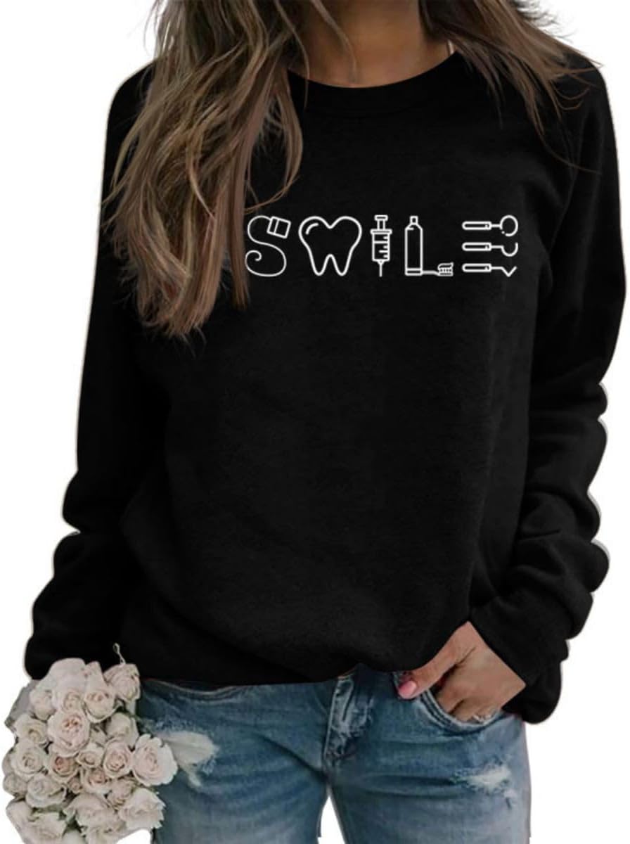 Smile Teeth Sweatshirt for Women Dentist Crewneck Sweatshirt Smile Dental Long Sleeve Shirt Dental Student Shirt - Black