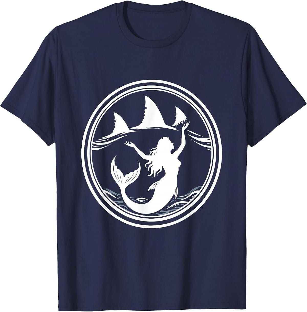 Mermaid with Circling Shark Fins Illustration T-Shirt - Navy Blue