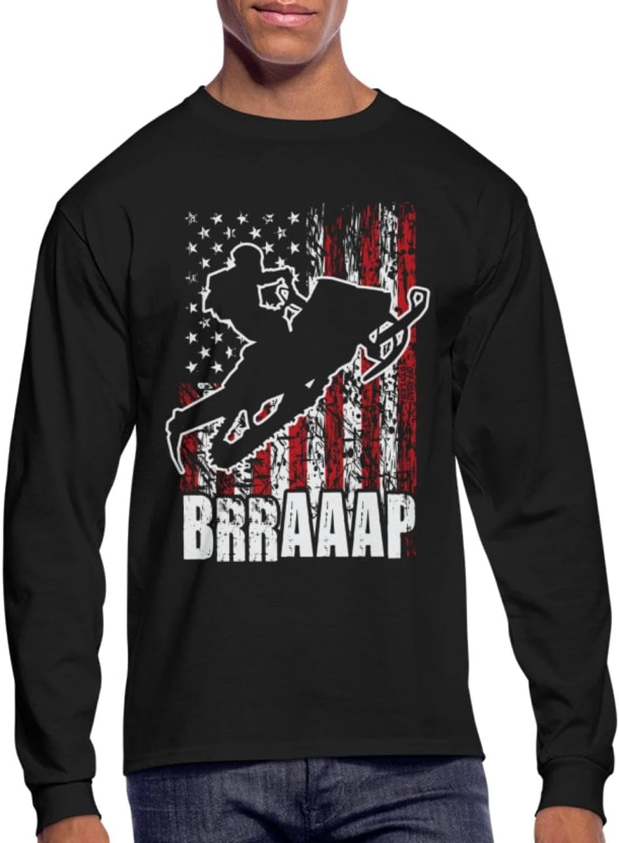 Snowmobile Riding USA Flag Men's Long Sleeve T-Shirt - Black