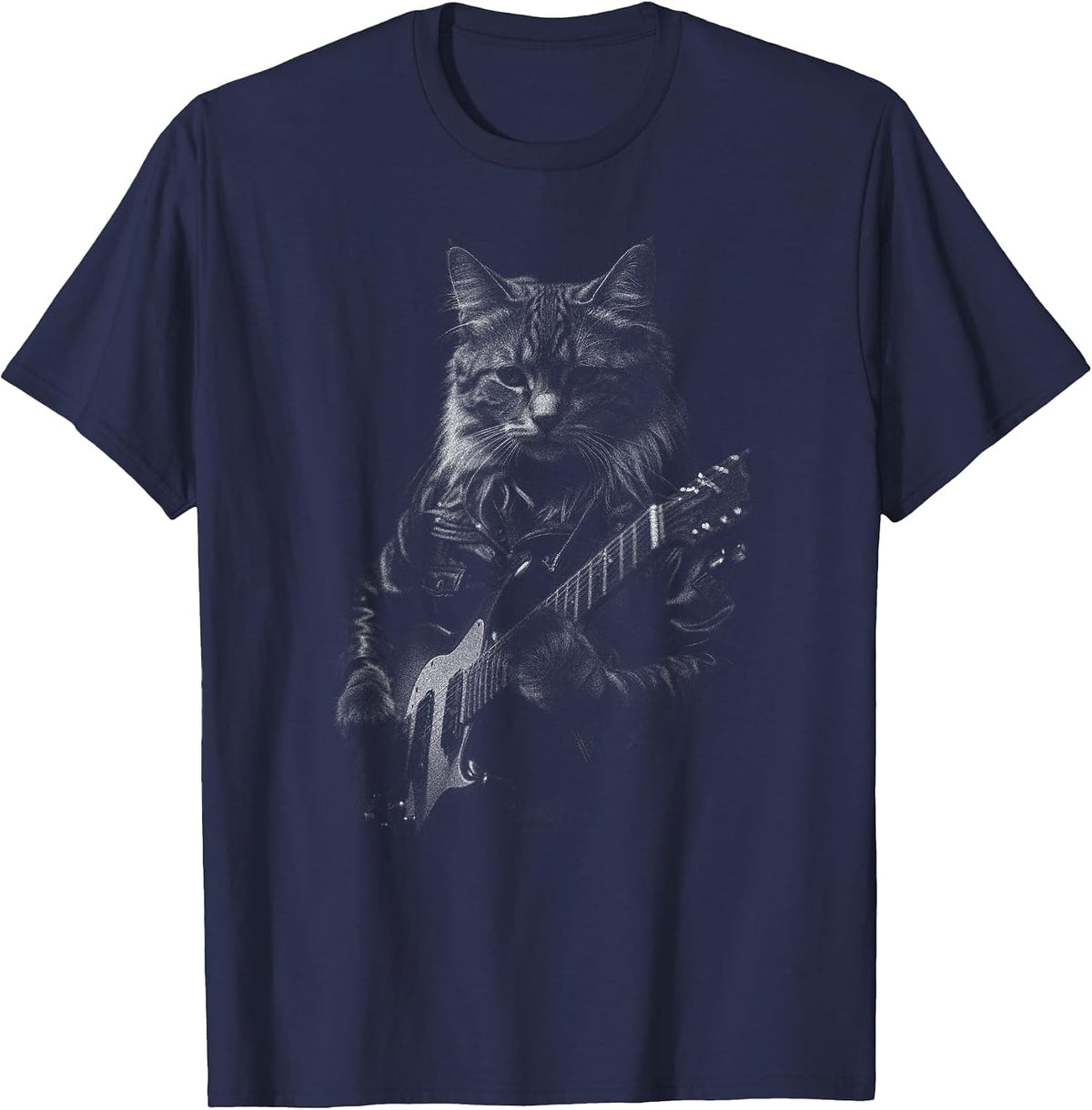 Rock Cat Playing Guitar Mens Woman Funny Guitar Cat T-Shirt - Navy Blue