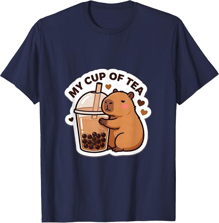 My Cup of Tea Cute Kawaii Capybara Boba Tea Anime T-Shirt - Navy Blue