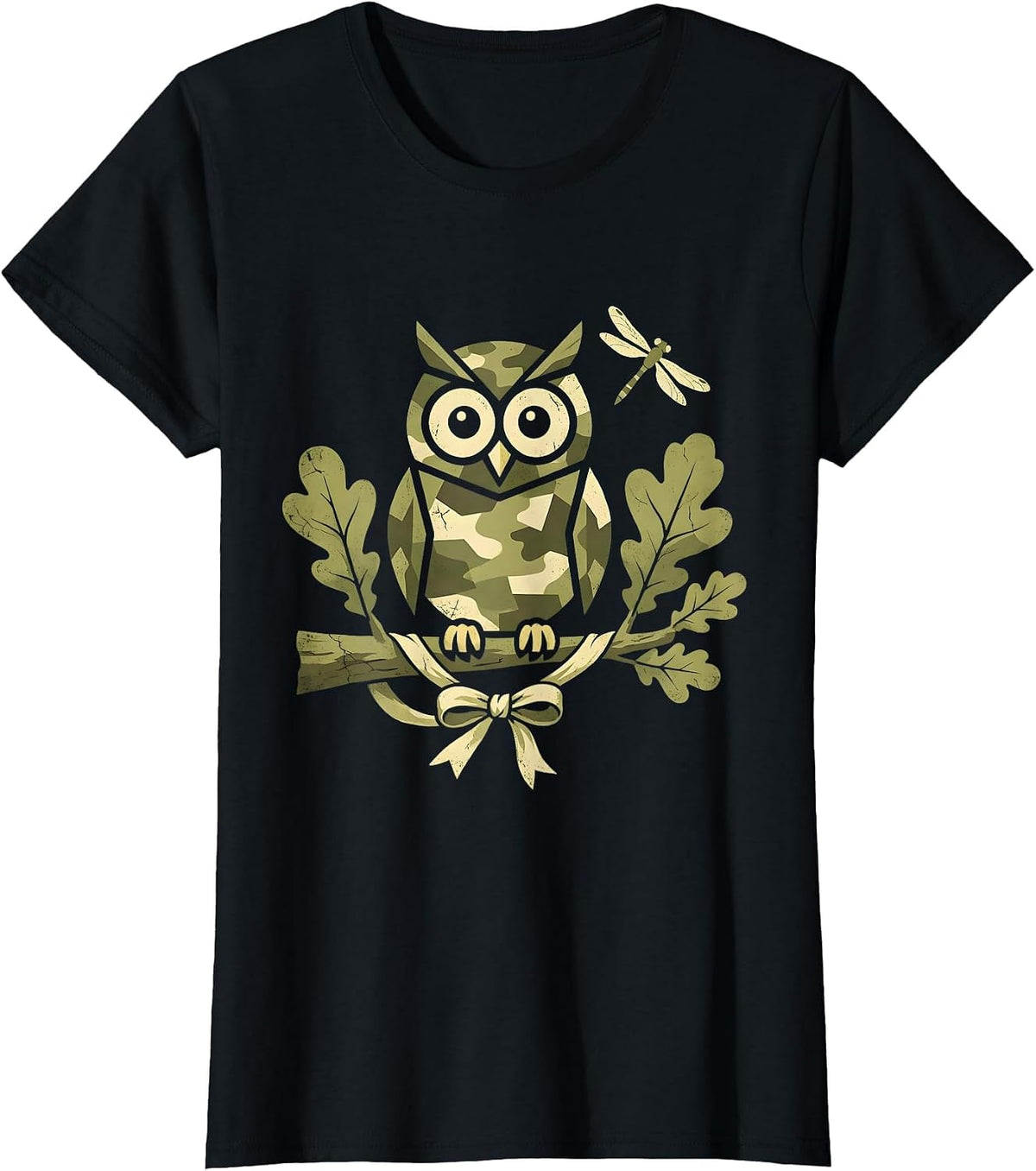 Women's Camo Owl Perched on Oak Branch Design T-Shirt - Black