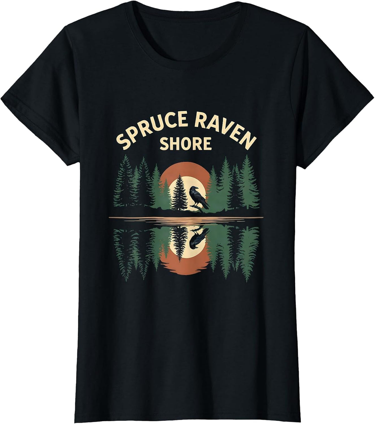 Women's Spruce Raven Shore Vintage Forest Wildlife Retro Nature T-Shirt - Black