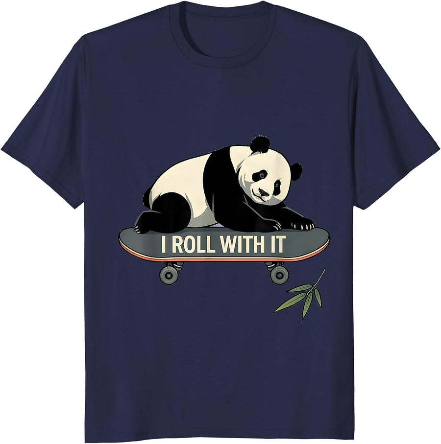 I Roll With It Cute Panda Lover Humor Gift for Kids Teens T-Shirt - Navy Blue