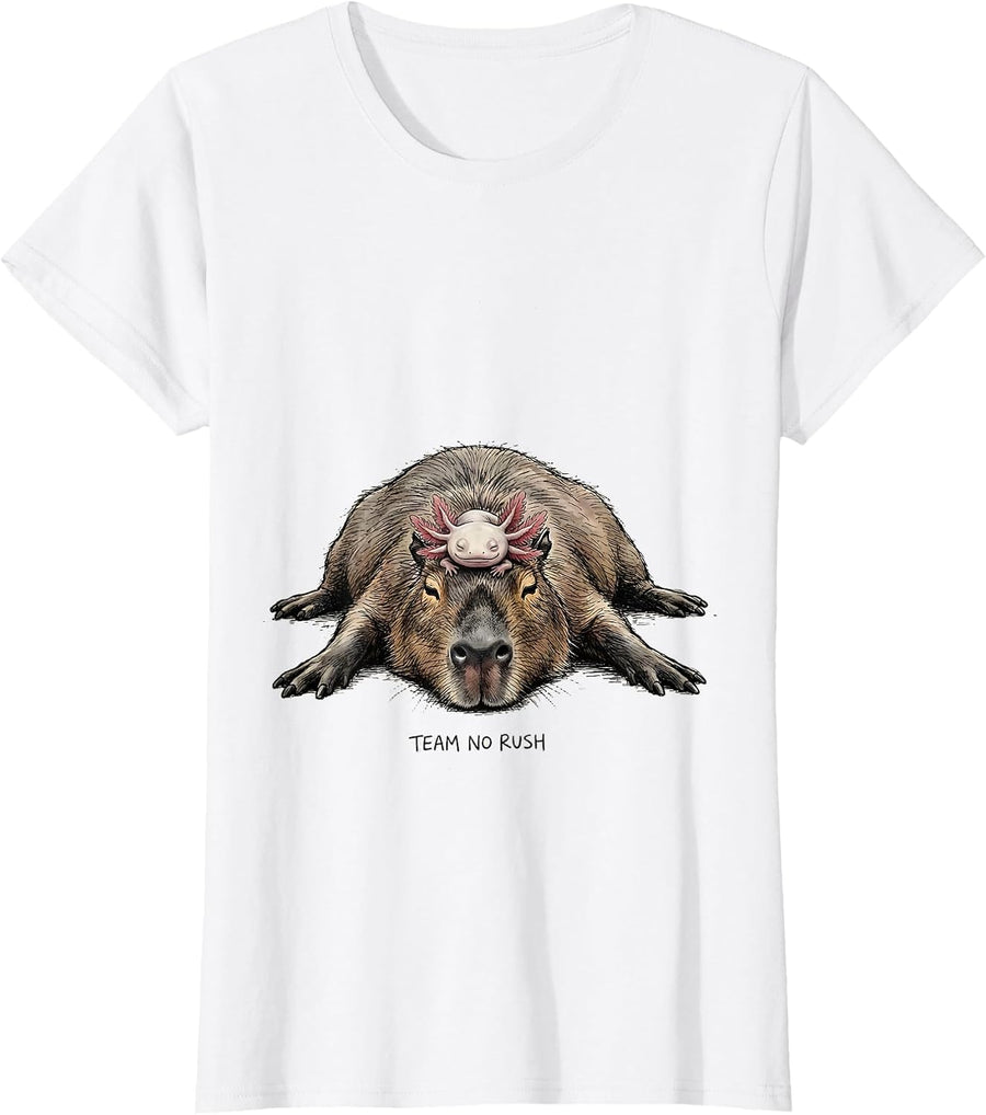 Women's Team No Rush Cute Kawaii Capybara Axolotl Animal Lover Kids T-Shirt - White